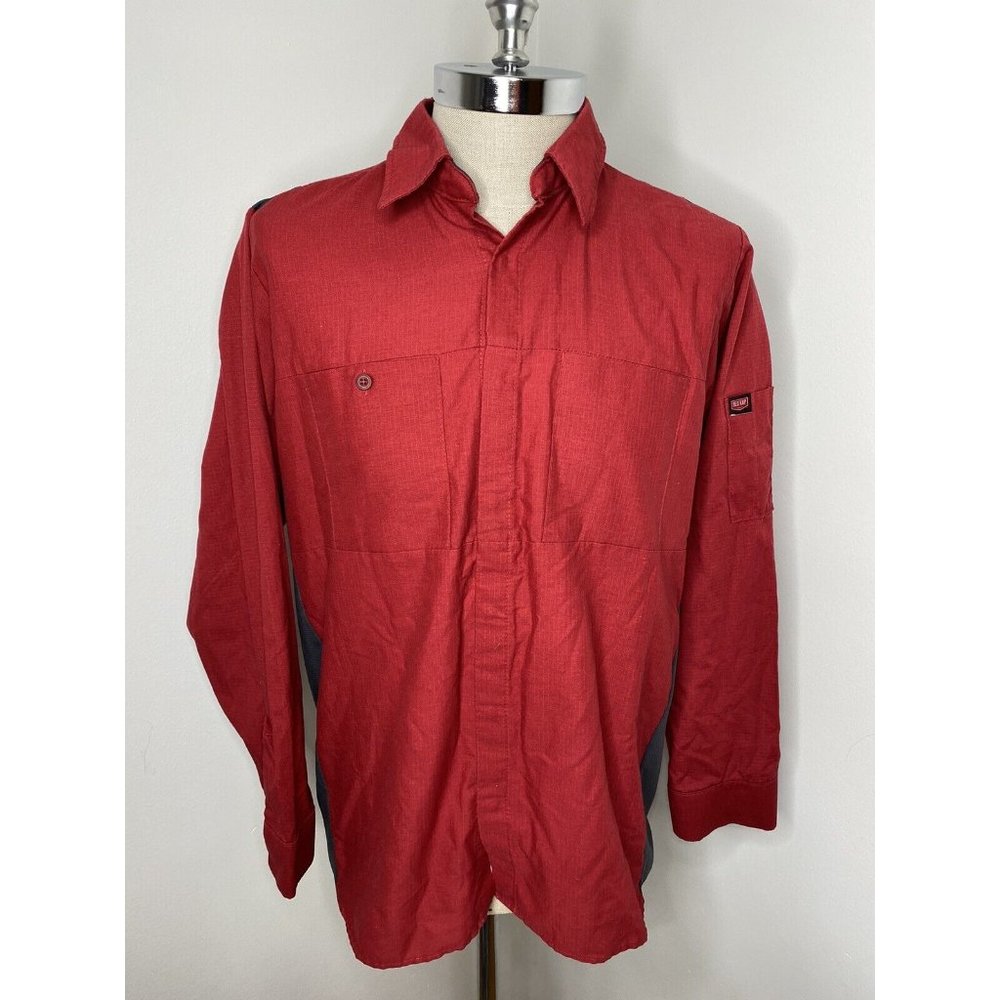 Red Kap Mens Work Shirt Size M Red Gray Long Sleeve Button Down